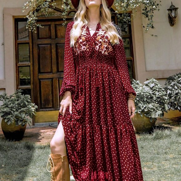 Burgundy Boho Beauty Women's   Polka Dot Dress - Picture 3 of 6